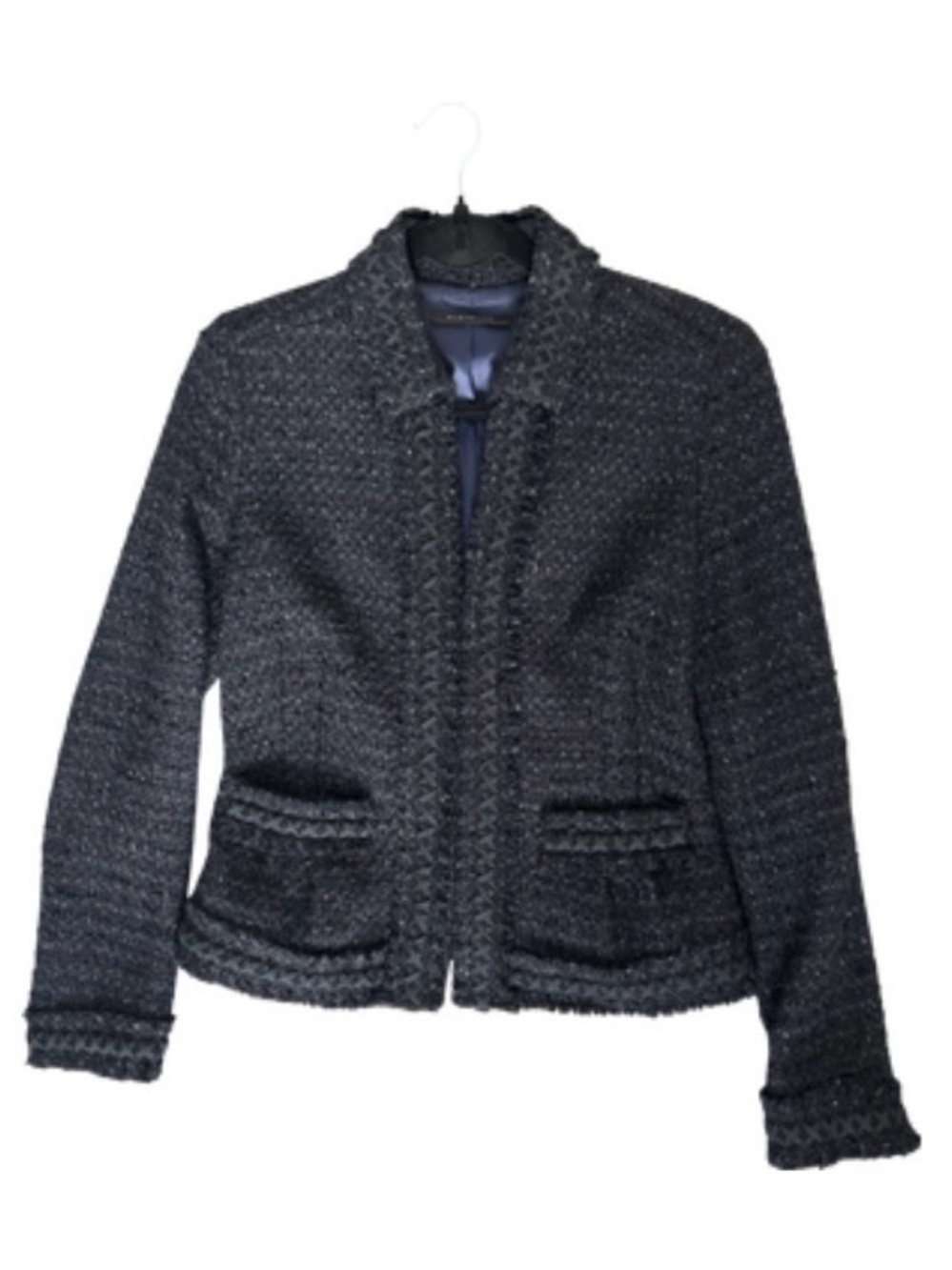 Elie Tahari Navy Tweed Fringe-Trim Blazer